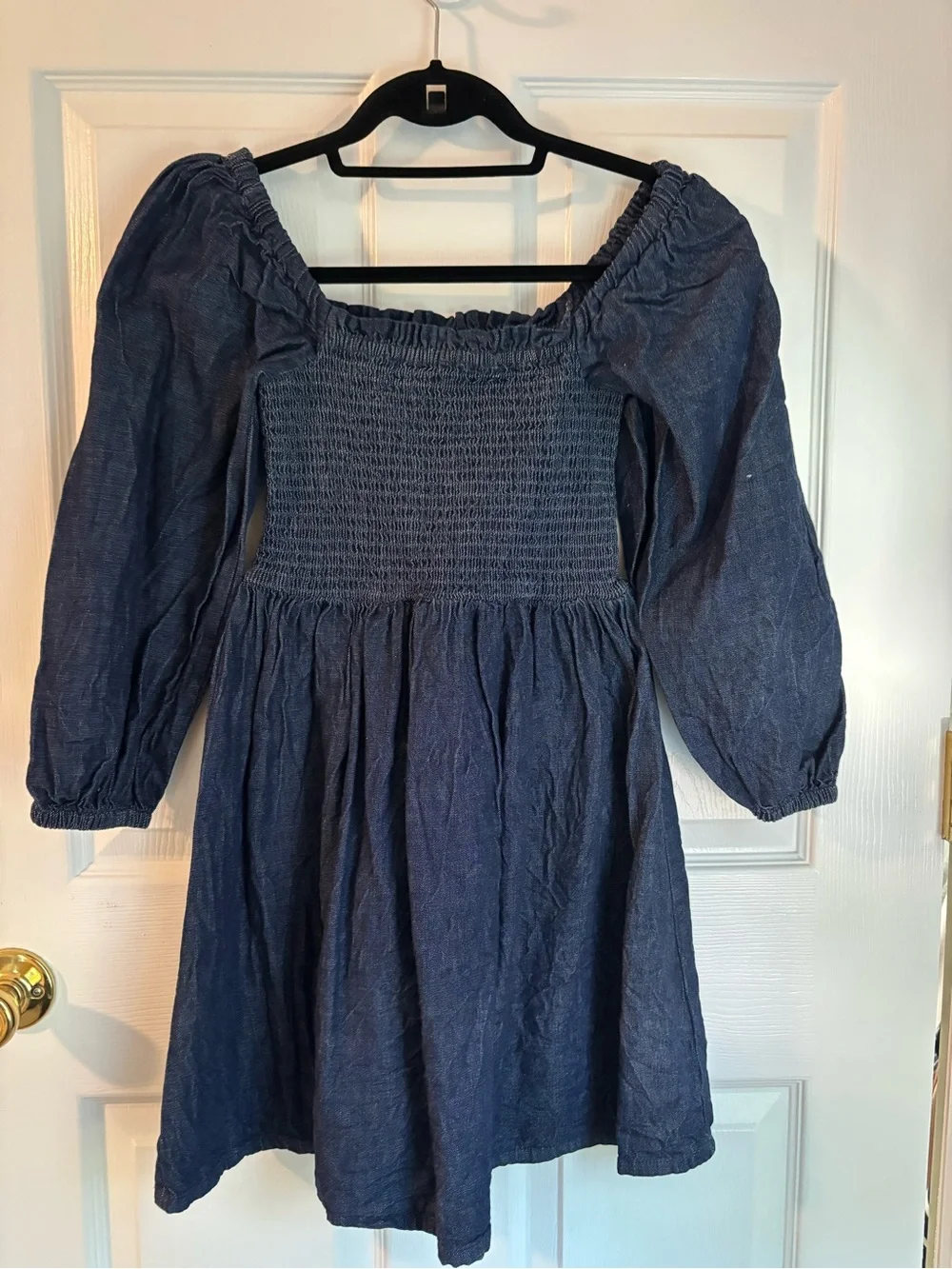 J. Crew Navy Smocked Square-Neck Puff Sleeve Dress